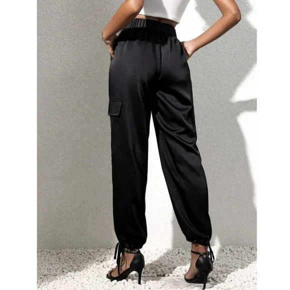Luxe Look Satin Pocketed Joggers - Black - Picture 5 of 6
